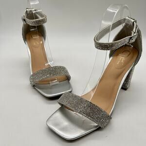 Womens Sandals 8W Wide Silver Rhinestones Open Toe Block Heel C Comfort‎ Brand